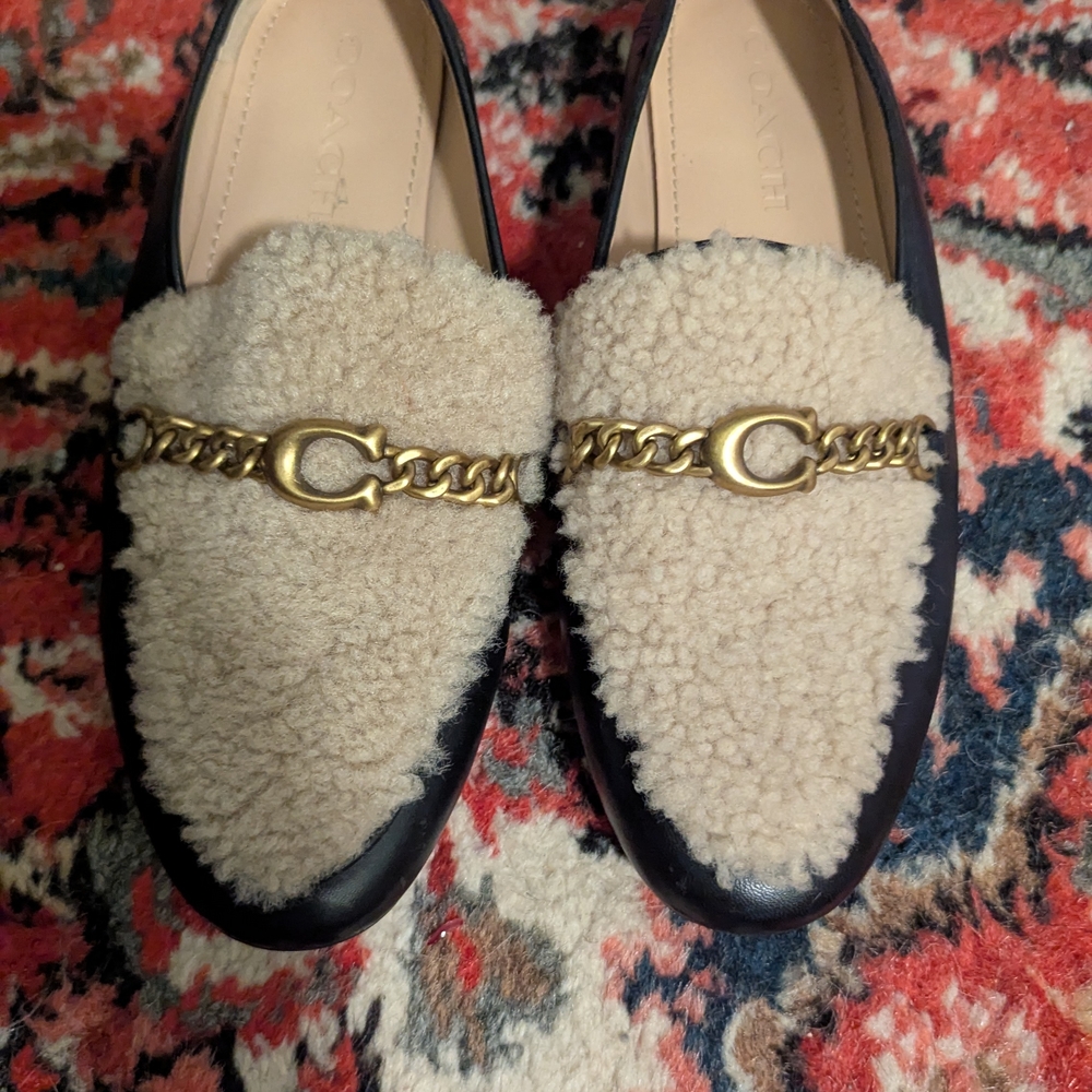 Coach Women's Shearling Loafers - Tan and Black with Gold Accent